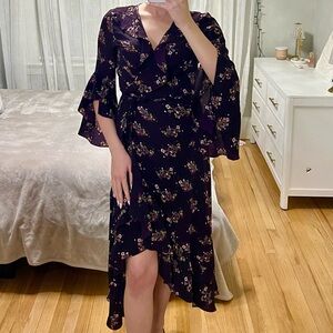 Dark Purple Dress with Floral Detailing Ruffle High Low Wrap Dress